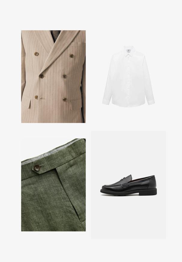 Beige dvojradový oblekový sak s jemnými vertikálnymi pruhmi, s drevenými gombíkmi, náprsním vreckom a textúrovanou tkaninou.; Biela dlhá košeľa s dlhým rukávom z hladkej tkaniny, s klasickým golierom, zapínaním na gombíky a zakriveným lemom. Minimalistický dizajn bez vzorov.; Olivové ľanové nohavice s predným záhybom, so zapínaním na gombík a kontrastnou kockovanou podšívkou na pase.; Čierne syntetické poltopánky s výrazným prešitým predným detailom, vycpanou vnútornou stielkou a plochou gumovou podrážkou; elegantný dizajn s minimálnym zdobením.