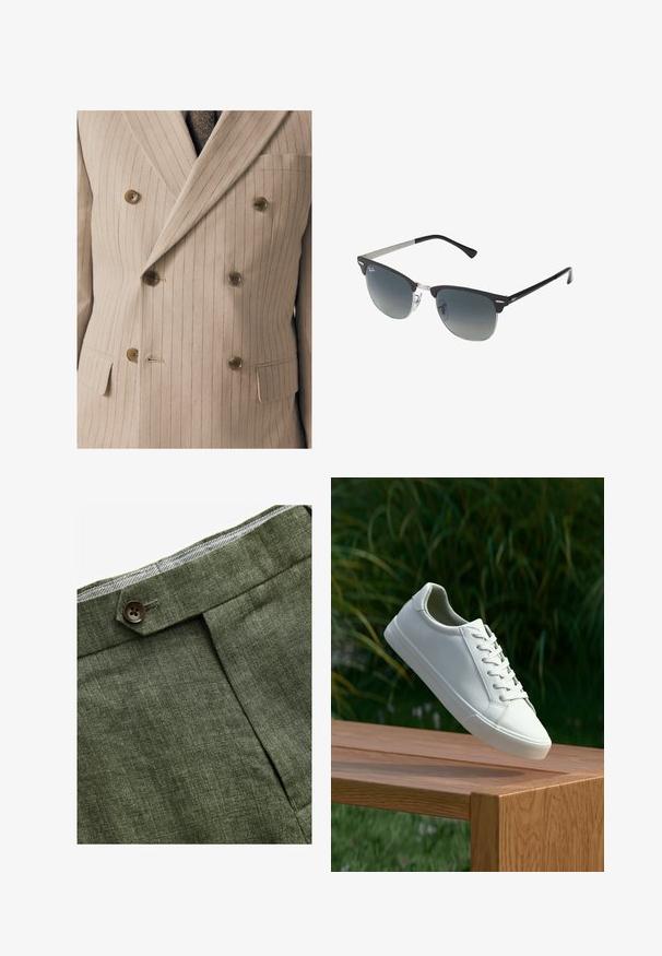 Giacca da abito beige doppiopetto con fini righe verticali, dotata di bottoni in legno, taschino sul petto e tessuto testurizzato.; Camicia bianca a maniche lunghe realizzata in tessuto liscio, con colletto classico, chiusura frontale a bottoni e orlo curvo. Design minimalista senza motivi.; Pantaloni in lino verde oliva con piega frontale, dotati di chiusura con bottone e una fodera a quadretti a contrasto nella cintura.; Sneaker bianco con lacci sospeso sopra una panchina di legno, con fogliame verde sullo sfondo, che mette in mostra il design e la texture della scarpa.; Occhiali da sole neri e argento con forma a occhio di gatto, lenti sfumate e dettagli metallici sulla montatura. Aste in plastica con punte grigie.