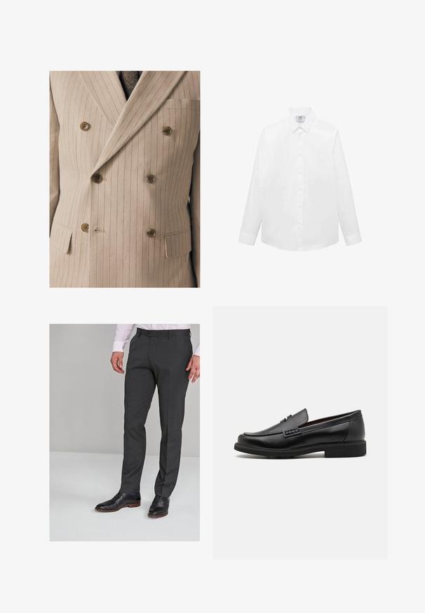 Veste de costume beige croisée avec de fines rayures verticales, dotée de boutons en bois, d'une poche poitrine et d'un tissu texturé.; Chemise blanche à manches longues en tissu lisse, dotée d'un col classique, d'une fermeture à boutons et d'un ourlet arrondi. Design minimaliste sans motifs.; Pantalons gris sur mesure avec une texture lisse, présentant une taille plate et des passants de ceinture, assortis à des chaussures de ville noires.; Chaussures de ville synthétiques noires avec un devant cousu bien visible, semelle intérieure rembourrée et semelle extérieure en caoutchouc plate ; design épuré avec un minimum de détails.