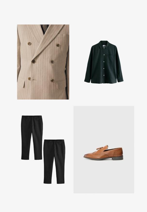 Sacou bej cu două rânduri de nasturi, având dungi verticale fine, butoni din lemn, un buzunar pe piept și țesătură texturată.; Cămașă butonată de culoare verde închis, cu guler, mâneci lungi și un singur buzunar pe piept; dispune de butoane albe și o textură moale.; Pantaloni negri, croiți, cu o textură netedă, având un design cu picior drept și talie medie. Se prezintă două perechi, una dintre ele fiind scurtă.; Pantofii din piele maro cu detalii perforate, laterale texturate, talpă plată și un fundiță decorativă pe partea superioară. Design clasic cu un finisaj neted.