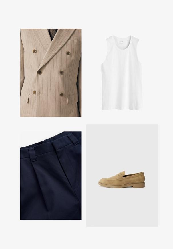 Veste de costume beige croisée avec de fines rayures verticales, dotée de boutons en bois, d'une poche poitrine et d'un tissu texturé.; Haut sans manches blanc en coton. Doté d'un col rond et d'un ourlet droit avec une coupe régulière, sans motifs ni embellissements.; Pantalons plissés navy en tissu lisse et texturé. Présentent une taille plate et des passants de ceinture, conçus pour le confort et l'ajustement.; Mocassins en daim beige avec un bout arrondi, un petit talon carré et des détails brodés sur la tige. Texture lisse et design minimaliste.
