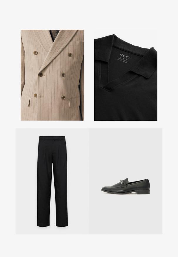 Giacca da abito beige doppiopetto con fini righe verticali, dotata di bottoni in legno, taschino sul petto e tessuto testurizzato.; Polo shirt nera con scollatura a V e tessuto strutturato. Presenta un colletto ribattuto e un'etichetta che mostra il marchio e le informazioni sulle taglie. Vestibilità regolare.; Pantaloni neri realizzati in tessuto liscio, caratterizzati da un taglio dritto, due pieghe frontali e una vita standard con passanti per la cintura.; Mocassino in pelle nera con finitura liscia, caratterizzato da un design cucito e da un accento decorativo in catena metallica sul vamp. Tacco piatto.