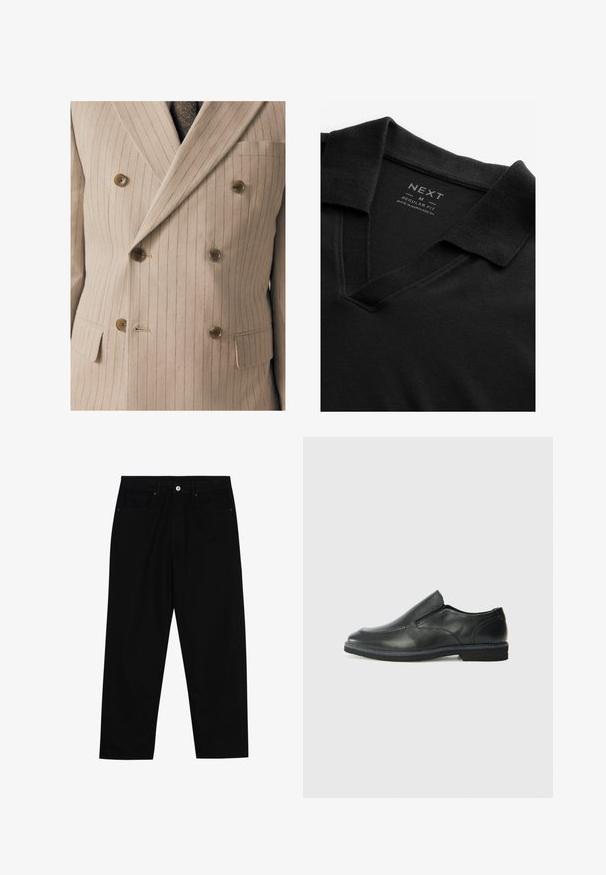 Veste de costume beige croisée avec de fines rayures verticales, dotée de boutons en bois, d'une poche poitrine et d'un tissu texturé.; Polo noir avec un col en V et un tissu texturé. Comprend un col plié et une étiquette affichant des informations sur la marque et la taille. Coupe régulière.; Pantalons en denim noir avec une coupe droite, un design à cinq poches et une fermeture à bouton à l'avant. Texture lisse avec des détails de couture minimaux.; Chaussure slip-on en cuir noir avec une tige lisse, des accents cousus, un bout arrondi et un petit talon en caoutchouc. La semelle présente un profil de traction minimal.