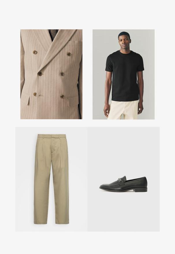 Beige dubbelzijdig geperst colbert met fijne verticale strepen, voorzien van houten knopen, een borstzak en een gestructureerde stof.; Zwarte katoenen T-shirt met korte mouwen, ronde hals en een getailleerd silhouet, gecombineerd met lichtgekleurde broeken. Glad textuur.; Beige, hoge taille broek met een rechte snit, voorzien van een platte voorkant, zijzakken en een gladde, gestructureerde stof.; Zwarte leren instapper met een gladde afwerking, voorzien van een gestikt ontwerp en een decoratieve metalen kettingaccent over de wreef. Platte hak.