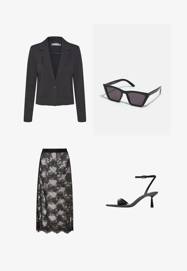 Musta räätälöity bleiseri, joka on valmistettu sileästä kankaasta. Siinä on lovettu kaulus, yksinkertainen nappikiinnitys ja pitkät hihat.; Musta ribbed poolikaeluse top, lühikesed varrukad, keha külge liibuv disain, pehme tekstuur, minimaalsed õmblused ja kõrge krae.; Musta pitsihame, jossa on aaltoileva helma, kukkakuosi ja läpikuultava pinta. Joustava vyötärö tarjoa mukavaa käyttömukavuutta.; Bershka Korolliset sandaalit - black; Mustat, kulmikkaat aurinkolasit harmailla linsseillä; valmistettu muovista, paksuilla varsilla, joissa on sileä pinta ja ilman näkyvää metalliosaa.; Musta nahkainen punottu kassi, jossa on löysä muoto ja leveä olkahihna. Ominaisuuksina teksturoitu, kudottu muotoilu, jossa on sileä pinta.