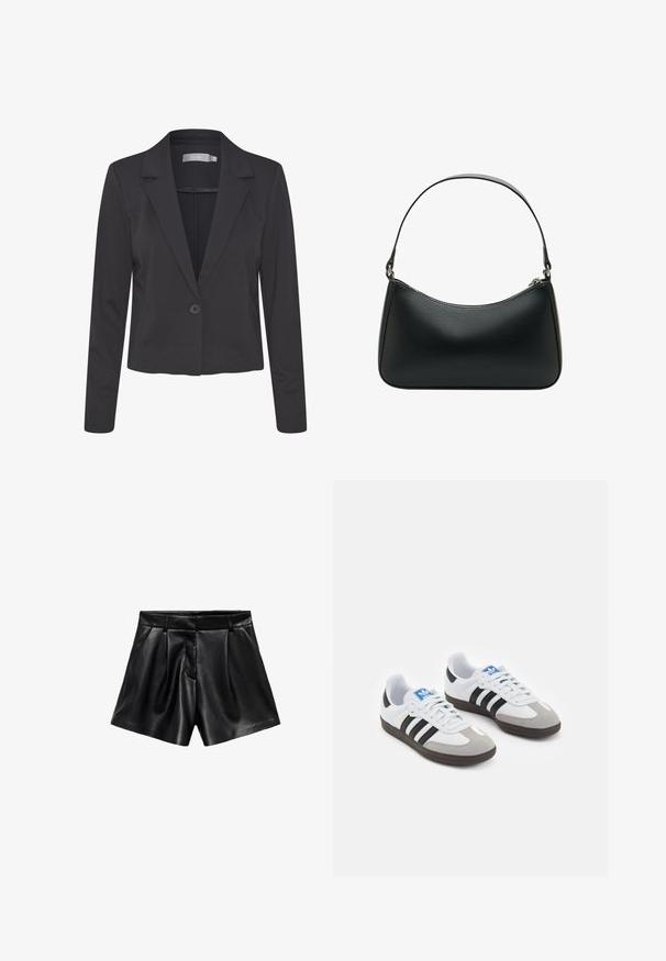 Črni krojeni blazer iz gladkega materiala, s pristriženo ovratnico, zapiranjem na en gumb in dolgimi rokavi.; Dve majice brez rokavov, ena bela in ena črna, izdelane iz mehkega bombaža. Vsaka ima tanke naramnice in preprost, gladek dizajn.; Kratke hlače iz črne usnje z visokim pasom, z gubami spredaj in stranskimi žepi. Gladka tekstura s poliranim zaključkom.; Športni čevlji z belim usnjenim zgornjim delom, sivim semišem na prstih in tremi črnimi črtami. Imajo modro logo na jeziku in teksturiran gumijast podplat.; Črna usnjena torba za ramo s ukrivljeno obliko, enojnim ravnim trakom in zgornjim zadrgo. Gladka tekstura z minimalnimi podrobnostmi snemalnikov.