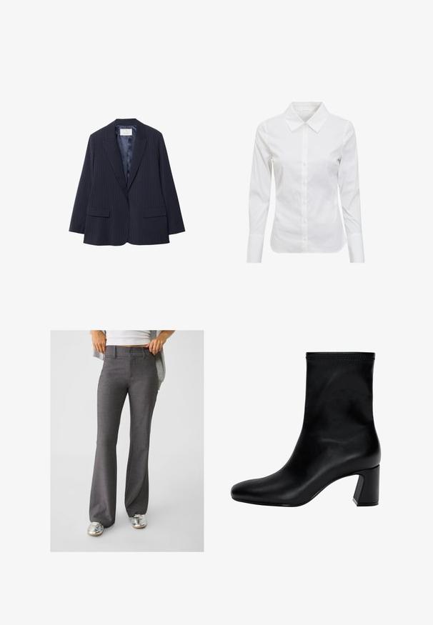 Navy sinimärgid blazer kahe esipocketiga, kumerate kraede ja nuppudeta kujundusega. Sile satiinvooder ja struktureeritud õlavarrekujundus.; Valkoinen pitkähihaista paitaa klassisella kauluksella, nappikiinnitys edessä ja sileästä puuvillakankaasta. Minimalistinen muotoilu, ei kuvioita tai koristeita.; Harmaat liehukkeet, jotka on valmistettu teksturoidusta kankaasta, joissa on kaksinappinen kiinnitys ja vyölenkit, yhdistettynä kiiltäviin hopeisiin lenkkareihin.; Musta nilkkuri, joka on valmistettu sileästä nahasta. Varustettu neliömäisellä kärjellä, joustavalla yläpäällä ja paksulla korolla vakauden vuoksi. Minimalistinen muotoilu.