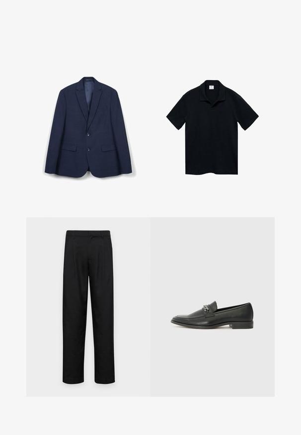 Marineblau kariertes Sakko mit zwei Knöpfen, Reverskragen und zwei Fronttaschen. Hergestellt aus strukturiertem Stoff, mit glattem Innenfutter.; Mango Poloshirt - royal blue; Schwarze Hose aus glattem Stoff, mit geradem Bein Design, zwei vorderen Falten und einem Standardbund mit Gürtelschlaufen.; Schwarzer Lederloafer mit glatter Oberfläche, ausgestattet mit einer gesteppten Gestaltung und einem dekorativen Metallkettendetail über dem Vorderblatt. Flacher Absatz.