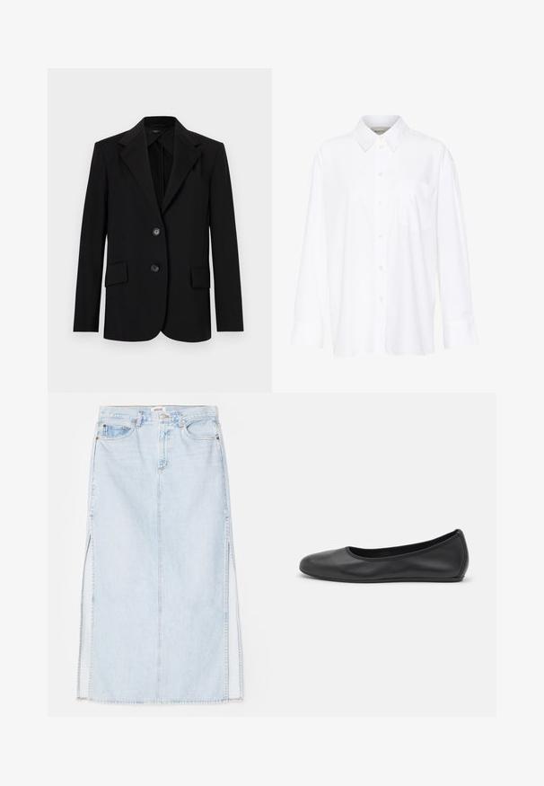 Sort blazer med en struktureret design, notch-lapper, to forlommer og to knapper. Lavet af glat stof med en skræddersyet pasform.; Hvid langærmet skjorte med krave lavet af bomuld. Har en knaplukning fortil og en enkelt brystlomme. Glat tekstur, afslappet pasform.; Lyseblå denim maxi nederdel med lige snit, der har sideslidser og fem-lomme design. Fremtrædende syninger og metalknaplukning.; Sort læderballetsko med rund tå, glat tekstur, minimal syning og et fleksibelt såldesign.