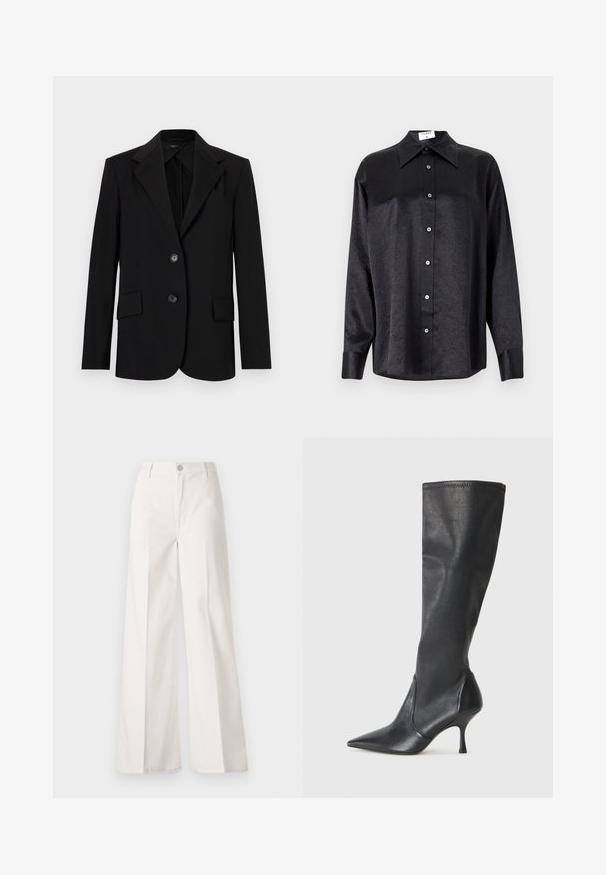 Must mustra mustraga, nurgaklaasiga, kahe esise punkti ja kahe nupuga. Valmistatud siledast kangast ja sobib hästi selga.; Musta pikemate varrukatega särk, millel on krae ja kortsus tekstuur, täispikk nööpidega eesmine osa ja varrukate mansetid. Valmistatud siledast kangast.; Valged laiade jalgadega püksid, mis on valmistatud siledast puuvillast. Omab esitallist ning lukuga sulgemist ja nelja tasku disaini.; Knee-high mustad nahksaapad terava nina ja kitsaste stiilsete kontsadega. Sile tekstuur sobiva disainiga ja õmblused ülemisel serval.