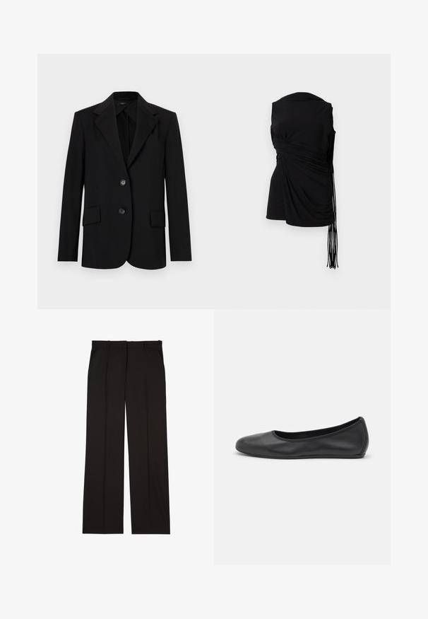 Černý blazer se strukturovaným designem, klopovými límci, dvěma předními kapsami a dvěma knoflíky. Vyroben z hladké tkaniny s upraveným střihem.; Černý beznáramenkový top s drapérií, bočními nařasením a prodlouženými třásněmi, s hladkou texturou a přiléhavým střihem.; Černé elegantní kalhoty na míru vyrobené z hladké látky, s rovnými nohavicemi a dvěma postranními kapsami. Elegantní a minimalistická konstrukce.; Černé kožené baletní byty s kulatou špičkou, hladkou texturou, minimálními švy a flexibilním designem podrážky.