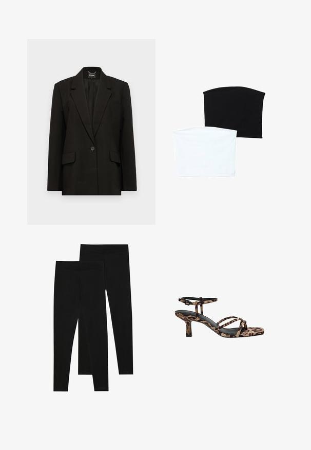 Črn blazer z enim gumbom, z izrezanimi reverji, dvema sprednjima žepoma in vezenim detajlom "EXTEND." na spodnji strani. Gladko blago.; Dve brezšivne cevi šali: ena črna in ena bela. Obe sta izdelani iz mehkega, raztegljivega materiala in imata gladko teksturo brez vzorcev.; Črne legice iz raztegljive tkanine, z brezšivnim pasom in oprijetim krojem, primerne za prosti čas ali vadbo.; Sandal s petto s kvadratnim vrhom, več trak in srednje visoko peto v leopardjem vzorcu. Narejeni iz mehkega tekstilnega materiala.