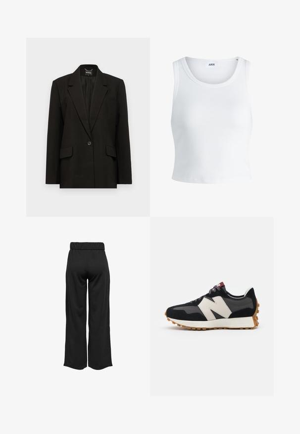 Juodas švarkas su vienu mygtuko uždarymu, įpjovinėmis apykaklėmis, dviem priekinėmis kišenėmis ir siuvinėtu "EXTEND." detaliu apatiniame šone. Sklandus audinys.; Balta raukšlėta tank top marškinėliai su apvaliu iškirpimu, be rankovių dizainu ir trumpa ilgio. Etiketėje parašyta "JJXX." Lygus audinio paviršius.; Juodos, plačios kelnės su elastinga juosta, pagamintos iš lygaus audinio. Pasižymi švariu dizainu, be kišenių ar matomų siūlių detalių.; Juoda ir pilka zomšinė sportinė avalynė su dideliu kreminiu "N" logotipu, violetinėmis raištelėmis ir tekstūruota gumos padu.