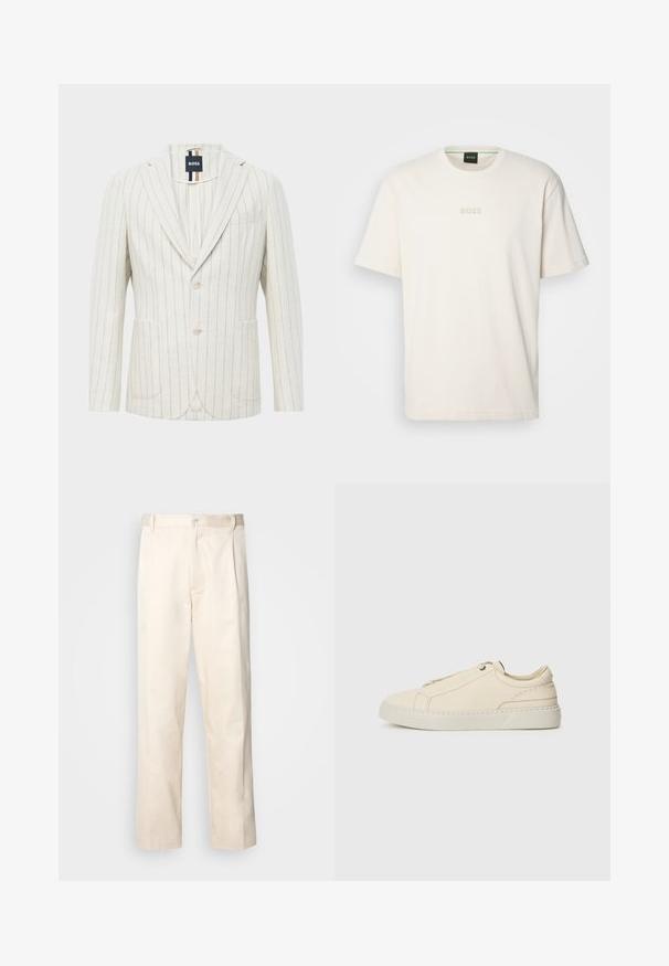 Blazer blanco roto con finas rayas verticales azules, dos botones, solapa con muesca, dos bolsillos frontales, un bolsillo en el pecho y etiqueta de la marca BOSS en el interior del cuello.; BOSS TEE - Camiseta básica - open white; Pantalones de algodón beige con corte recto, que cuentan con un cierre de botón y pliegues en la parte frontal para un detalle adicional.; Zapatilla de cuero beige con punta redondeada, diseño minimalista, detalles de costura sutiles y parte superior texturizada, sobre una suela clara.