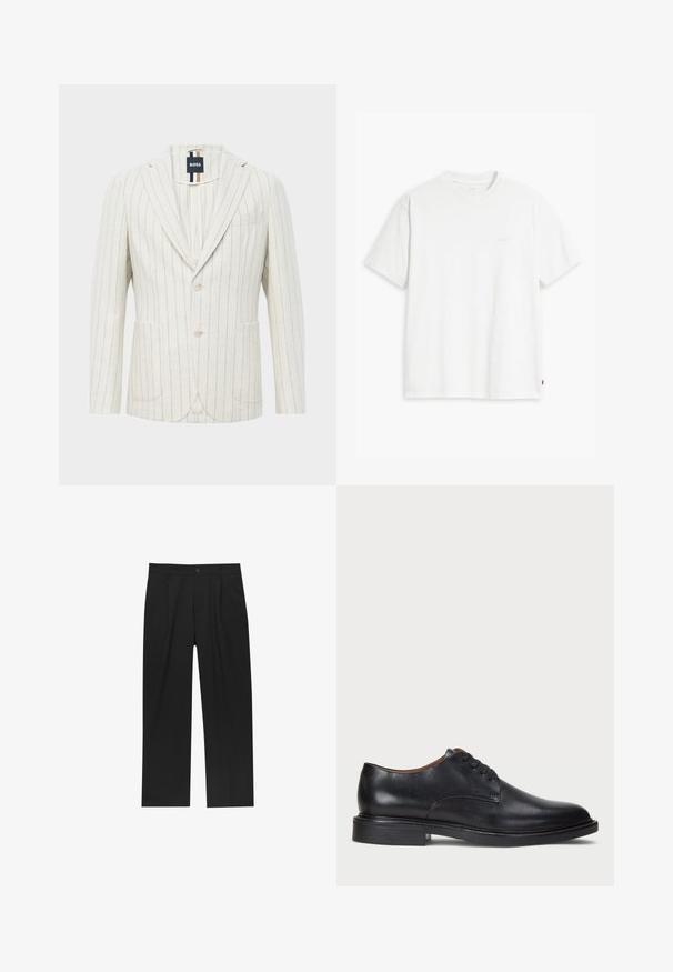 Valkoinen takki ohutviiruilla, joissa on ohuet pystysuorat siniset raidat, kaksi nappia, notched-läppä, kaksi etutaskua, yksi rintatasku ja BOSS-brändilogo kauluksessa.; Valkoinen puuvillainen t-paita, jossa on lyhyet hihat, pyöreä pääntie ja etupuolella vaalealla värillä painettu hillitty "Levi's"-logo.; Mustat housut suoranlahkeisella muotoilulla, valmistettu sileästä kankaasta. Ominaisuuksiin kuuluu etupleateet ja yksi nappikiinnitys vyötäröllä.; Musta nahkakenkä, jossa on pyöreä varvas, nauhakiinnitys ja matala tukipohja. Tasainen pinta, jossa on minimaalinen ommeltu yksityiskohta.