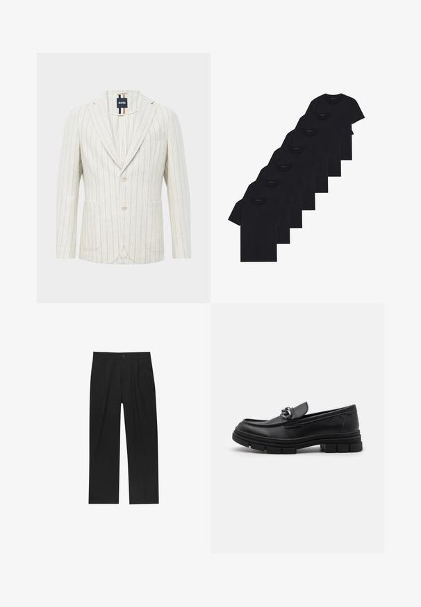 Off-white blazer med tynde lodrette blå striber, to knapper, slagkrave, to forlommer, en brystlomme og BOSS mærke indeni kraven.; Sæt af otte sorte bomulds t-shirts med korte ærmer og rund hals, der har et enkelt design og en blød tekstur.; Sorte bukser med lige ben, lavet af et glat stof. Har frontfolder og en enkelt knaplukning i taljen.; Sort læderloafer med rund tå, en dekorativ rem og hardware, samt en chunky tekstureret sål. Glat finish med subtile detaljer.