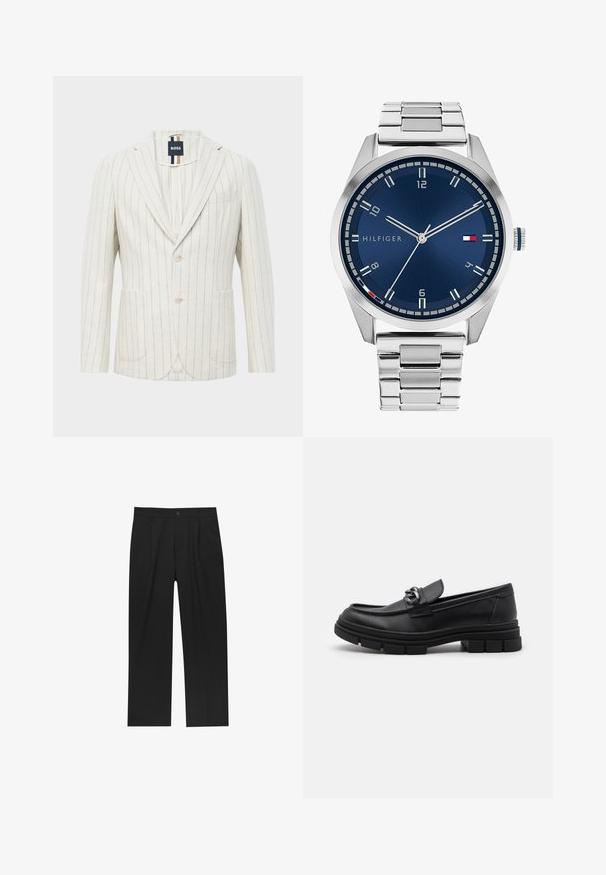 Off-white blazer med tynde lodrette blå striber, to knapper, slagkrave, to forlommer, en brystlomme og BOSS mærke indeni kraven.; Sæt af otte sorte bomulds t-shirts med korte ærmer og rund hals, der har et enkelt design og en blød tekstur.; Sorte bukser med lige ben, lavet af et glat stof. Har frontfolder og en enkelt knaplukning i taljen.; Sort læderloafer med rund tå, en dekorativ rem og hardware, samt en chunky tekstureret sål. Glat finish med subtile detaljer.; Sølvmetal ur med en børstet blå urskive, hvide timemarkører og en datovisning. Har et sammenkædet metalarmbånd og brandlogo.