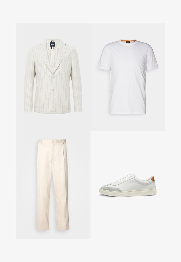 Blazer blanco roto con finas rayas verticales azules, dos botones, solapa con muesca, dos bolsillos frontales, un bolsillo en el pecho y etiqueta de la marca BOSS en el interior del cuello.; Camiseta de algodón blanca con cuello redondo, mangas cortas y un sutil logo en relieve en el pecho. La etiqueta interior tiene un acento naranja.; Pantalones de algodón beige con corte recto, que cuentan con un cierre de botón y pliegues en la parte frontal para un detalle adicional.; Zapatillas de cuero blanco con acentos de ante gris y un refuerzo de cuero marrón claro en el talón. Presentan una superficie texturizada y una suela ligera.