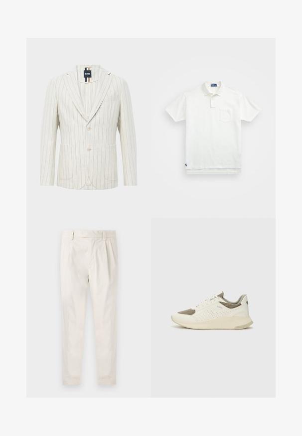 Oficialiai balta švarkas su plonomis vertikaliomis mėlynomis juostomis, dviem mygtukais, iškirpte, dviem priekinėmis kišenėmis, viena krūtine kišenė ir BOSS prekės ženklu ant apykaklės vidinės pusės.; Balta polo marškiniai pagaminti iš medvilnės, su klasikiniais kraštais, trijų mygtukų sprandeliu ir kairiuoju krūtinės kišeniu; mažas logotipas apačioje.; Balti, susiūtos kelnes, turinčios pritaikytą siluetą, pasižyminčias lygia tekstūra, dirželio kilpomis ir siaurėjančiomis kojomis. Nėra matomų kišenių ar raštų.; Baltas ir šviesiai bežinis sportinis kedas, su tinklo viršumi, perforuotais detalėmis ir tekstūruotu tarpine su logotipu ant kulno.