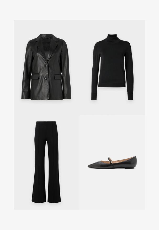 Czarna skórzana marynarka z wykładanym kołnierzem, dwoma przednimi kieszeniami, pojedynczym zapięciem na guzik i gładką fakturą. Dopasowany krój z długimi rękawami.; Czarny sweter z długim rękawem i stojącym kołnierzem, z prążkowanymi mankietami i dołem, zaprezentowany na białym tle.; Czarne rozszerzane spodnie z wysokim stanem, wykonane z elastycznego materiału. Posiadają pionowe szwy z przodu oraz gładką teksturę.; Czarne skórzane baletki z wydłużonym noskiem i bocznym paskiem z okrąłym złotym akcentem. Lekkie z płaską podeszwą.