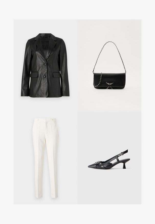 Blazer din piele neagră cu guler tip notched, două buzunare frontale, închidere cu un singur nasture și textură netedă. Croială ajustată cu mâneci lungi.; Cămașă din satin bej cu guler ascuțit, mâneci lungi, închidere cu nasturi și manșete cu o finisare ușor lucioasă. Fără modele sau accente.; Pantaloni albi, ajustați, cu o croială slim, având două buzunare frontale, închidere cu două butoane și detalii laterale subtile. Textură netedă.; Pantofii slingback din piele neagră, cu vârful ascuțit, curele decorative cu ochiuri din metal și toc bloc mic. Suprafață texturată.; Geantă de mână din piele neagră cu un lanț din argint, având accente decorative în formă de aripi și cusături albe de-a lungul cusăturii de jos.
