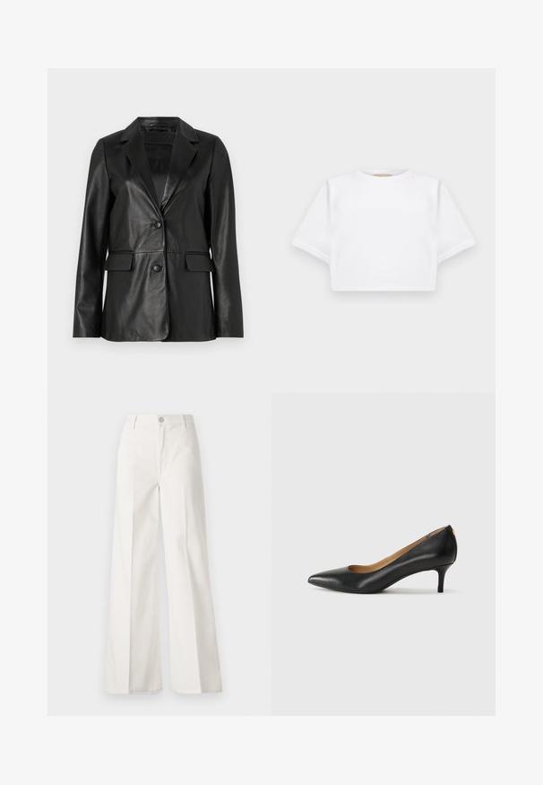Blazer de couro preto com colarinho notched, dois bolsos frontais, fecho de botão único e textura suave. Corte ajustado com mangas longas.; T-shirt branca corta, feita de tecido macio, apresentando mangas curtas, um decote redondo e detalhes de bainha canelada. Design simples e despretensioso.; Calças largas brancas feitas de algodão com uma textura suave. Apresenta um botão frontal, fecho de correr e um design de quatro bolsos.; Sapato de salto alto em pele preta com bico fino, salto baixo e textura suave. Apresenta uma ligeira abertura na parte da frente e mínima ferragem na parte de trás.