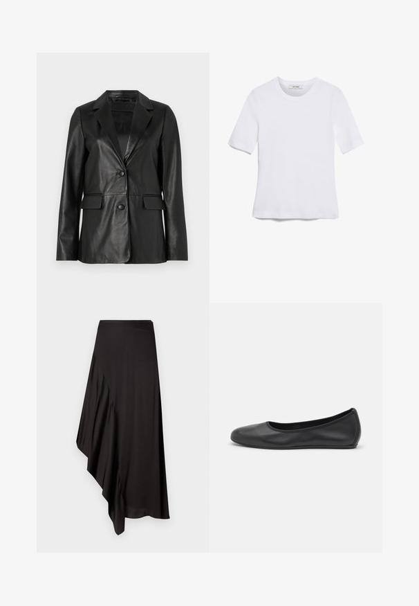 Černý kožený blazer s klopovým límcem, dvěma předními kapsami, zapínáním na jeden knoflík a hladkou texturou. Přiléhavý střih s dlouhými rukávy.; Bílá tričko s krátkým rukávem vyrobené z žebrované tkaniny. Kulatý výstřih, normální střih a jemné detaily šití. Bez vzorů nebo grafik.; AERON ASTER SKIRT - Pouzdrová sukně - black; Černé kožené baletní byty s kulatou špičkou, hladkou texturou, minimálními švy a flexibilním designem podrážky.