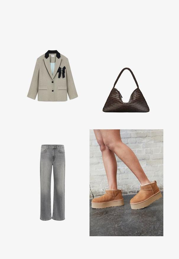 Beige blazer with black collar, two front pockets, and a decorative brooch. Features subtle pin-dot texture and single-button closure.; Light gray knitted long-sleeve sweater with a ribbed hem and cuffs, featuring a V-neck collar and relaxed fit.; White short-sleeve t-shirt made of cotton. Features a crew neckline and a relaxed fit. Smooth texture with no visible patterns or accents.; Wide-leg jeans in grey denim, featuring a high waist, five pockets, a front button closure, and subtle fading on the fabric.; Brown suede ankle boots with a plush lining, thick beige platform sole, and a rear pull tab. Textured surface with visible stitching details.; Dark brown triangular woven leather handbag with a single braided handle and visible zipper pull on one side.; Set of eight silver rings, various designs including smooth, textured, and one with small pearls. Features include curves and accents.