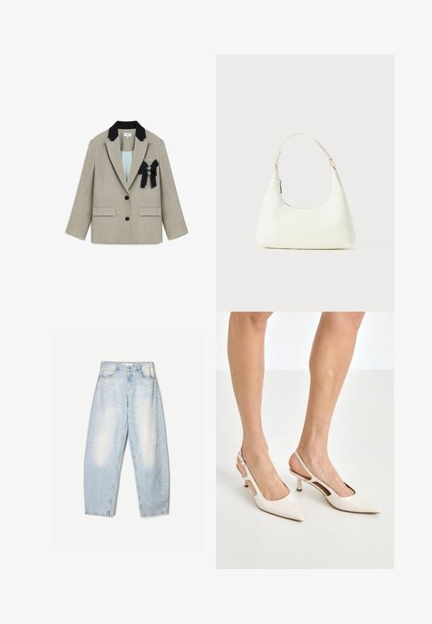 Béžový blazer s černým límcem, dvěma předními kapsami a dekorační broží. Obsahuje jemnou strukturu s tečkami a zapínání na jeden knoflík.; Světle modrý krajkový tílko s tenkými ramínky, zdobené vlnitým krajkovým lemem a květinovým vzorem, navržené pro přiléhavý střih.; Světle modré džíny s volným střihem, s vybledlým povrchem, dvěma předními kapsami a zapínáním na knoflík v pase.; Béžové lakované lodičky na podpatku s špičatou špičkou a 5 cm podpatkem, se vykrojenými boky a tenkým kotníkovým páskem.; Malá bílá ramenní taška s jedním nastavitelným popruhem a zipovým uzávěrem, umístěná na jednobarevném bílém pozadí.