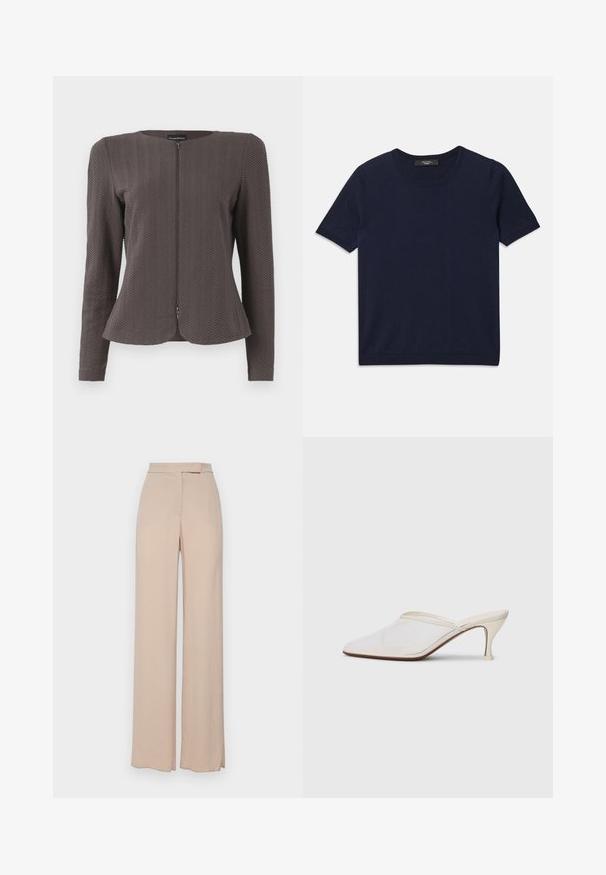 Rudas tekstūruotas bleiseris su apvaliu iškirpimu ir priekyje esančia užtrauktuku. Papuoštas chevrono raštu, ilgomis rankovėmis, pritaikytas pagal figūrą.; Tamsiai mėlynas trumpų rankovių marškinėliai, pagaminti iš minkštos medžiagos, su apvaliu kaklu ir šonkauliniais kraštais, lygi tekstūra ir be matomų raštų.; Šviesiai rudos plačių kojų kelnės, pagamintos iš lengvos medžiagos. Jos turi sklandų paviršių, priekines kišenes ir subtilų juosmens dizainą.; Baltos tinklelio smailiakojės mules su plonu vidutinio aukščio kulnu ir užkulnio dizainu ant vientiso fono.