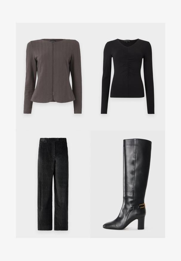 Pruun tekstuuriga bleiser ümmarguse kaelusega ja esise piirkonnas lukuga. Omab chevron-mustri ja pikki varrukaid, kohandatud lõige.; Must pika varrukaga pluus V-kaelusega ja esiküljel volangudetailiga, tehtud siledast kangast. Keha järgiv siluett ja minimalistlik disain.; Mustad, tekstureeritud laiad püksid mustas värvuses, millel on väljendunud kudumine, eessuud ja lame vöökoht. Klassislik disain mitmekesiseks kasutamiseks.; Mustad nahast põlvini ulatuv saabas terava varbaga ja paksu kanna ning kuldse tooni aktsentrihmaga ümber selle pahkluu. Ühtlane tekstuur.