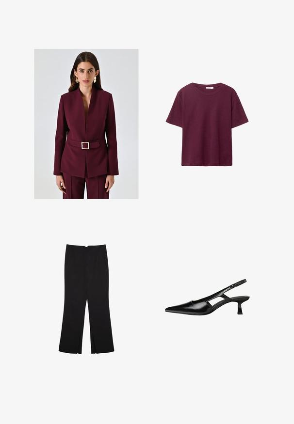 Burgundowa marynarka o strukturalnym kroju, głębokim dekolcie w kształcie litery V oraz pasku w talii z złotą kwadratową klamrą. Gładki materiał o dopasowanym kroju.; Bordowa koszulka z krótkim rękawem wykonana z miękkiej bawełny. Posiada klasyczny okrągły dekolt i luźny krój. Gładka tekstura, bez wzorów ani akcentów.; Czarne spodnie o prostym kroju, z przednimi kieszeniami i bocznymi rozcięciami na dole. Wykonane z miękkiego, gładkiego materiału. Odpowiednie na różne okazje.; Czarne lakierowane czółenka na odkrytej pięcie z wąskim noskiem, z wykrojem po bokach i małym kwadratowym obcasem. Gładka faktura z minimalnymi akcentami.