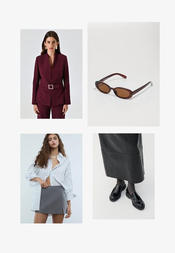 Burgunderfarbener Blazer mit strukturiertem Design, tiefem V-Ausschnitt und tailliertem Bund mit einer goldenen quadratischen Schnalle. Glattes Material mit maßgeschneiderter Passform.; Weißes, geripptes Tanktop mit breiten Trägern und tailliertem Schnitt, kombiniert mit hochgeschnittenen schwarzen Hosen und einem schwarzen Gürtel.; Junge Frau mit langen, lockigen Haaren, die ein weißes, gestreiftes Oversized-Hemd, einen grauen Minirock mit Schlitz vorne und eine sternförmige Halskette trägt.; Schwarze Lederloafers mit glatter Oberfläche, verziert mit einem dekorativen Riemen, runder Zehenpartie und texturierten Sohlen. Getragen mit einem langen schwarzen Lederrock.; Runde, braun getönte Sonnenbrillen mit einem glänzenden burgunderfarbenen Rahmen. Schlanke Bügel mit dezentem Branding. Flaches Linsendesign.