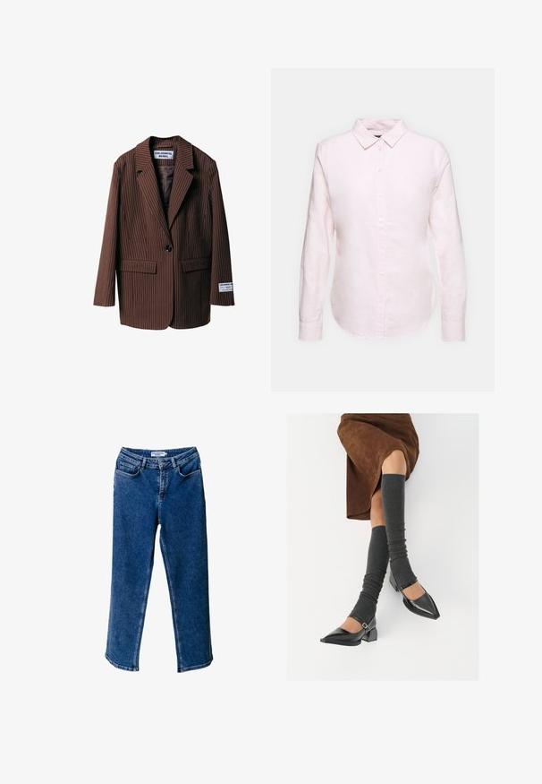 Hnědý blazer s pruhy a klopovými límci, dvěma předními kapsami, jednořadým zapínáním na knoflík a štítkem na rukávu. Vyrobeno z texturované tkaniny.; Světle růžová košile s dlouhým rukávem a límečkem na knoflíček, se rovnými okraji a měkkou strukturou, vyrobená z lehké bavlněné tkaniny.; Modré denimové široké džíny s vysokým pasem, obsahující přední kapsy, kontrastní stehy a uvolněný střih.; Černé lakované boty s špičatou špičkou, blokovým podpatkem a kotníkovým páskem, spárované s šedými žebrovanými návleky na nohy a hnědskou sukní z semiše.