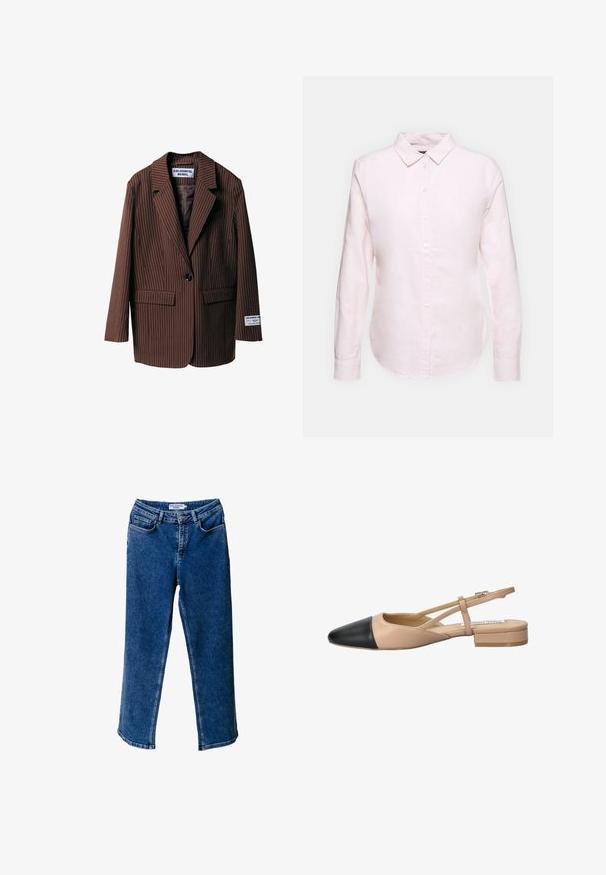 Brūns svītrots bleizeris ar grieztiem atlokiem, divām priekšējām kabatām, vienu pogu aizdari un etiķeti uz piedurknes. Izgatavots no teksturēta auduma.; Gai rozā garām piedurknēm krekls ar pogājamu apkakli, ar taisnu apakšmalu un mīkstu tekstūru, izgatavots no viegla kokvilnas auduma.; Zilā denima plaša kāju džinsi ar augstu jostasvietu, ar priekšējām kabatām, kontrastējošu stiklojumu un brīvu piegriezumu.; Beidzējais un melns divu tonā sūkņis ar norāvu, ar norādītu pirkstu, plakanu papēdi un krustojuma siksnu detaļu. Gluda ādas tekstūra.