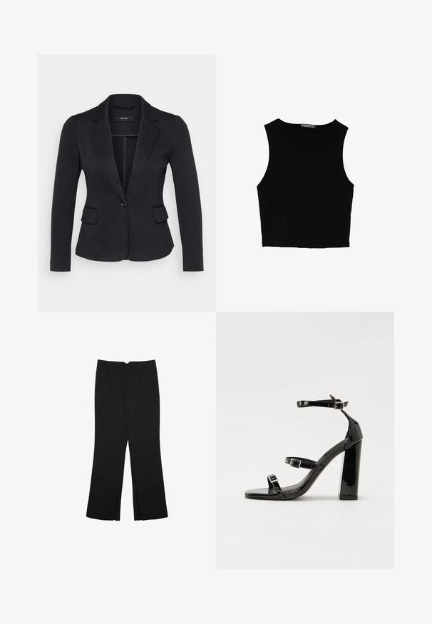 Čierny blejzer s priliehavým strihom, dvomi prednými vreckami, zapínaním na jeden gombík a so zárezovými klopami, vyrobený z textúrovanej tkaniny.; Čierny bezrukávový crop top vyrobený z hladkej tkaniny, so zaobleným výstrihom a čistým, jednoduchým dizajnom bez vzorov alebo kovania.; Čierne nohavice so strihom rovného strihu, s prednými vreckami a bočnými rozparkami na leme. Vyrobené z mäkkej, hladkej tkaniny. Vhodné na rôzne príležitosti.; Čierne lakované sandále na podpätku so štvorcovou špičkou, navlečenými remienkami okolo členku a striebornými prackami. Disponujú masívnym blokovým podpätkom pre stabilitu.