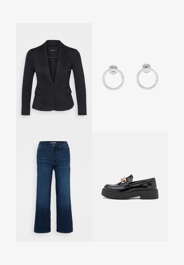 Mustmustükk musta bleiser, millel on kohandatud sobivus, kaks esitaskut, ühe nööbiga sulgemine ja sälguga kraed, valmistatud tekstureeritud kangast.; Even&Odd Petite 2 PACK - Topp - light grey/black; ONLY Petite ONLMADISON BLUSH WIDE - Wide leg - dark blue denim; Mustad musta läikiva nahaga loaferid, millel on jäme must tald ja kuldsed detailid. Sujuv tekstuur ja ümar varvaste disain.; Hõbedased metallist rõngastooted, millel on harjatud tekstuur, ümmargune disain ja selge tagumine post, tagamaks kindlat kandmist.