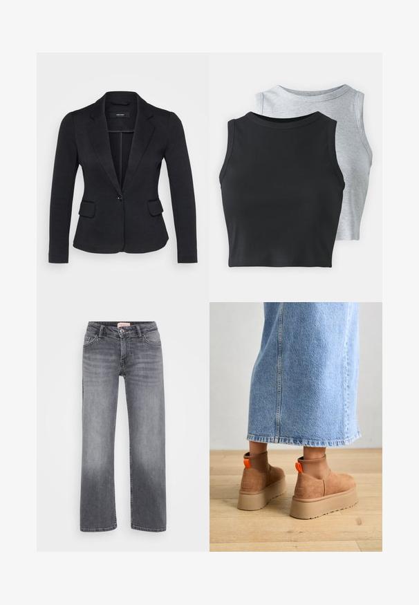 Czarna marynarka o dopasowanym kroju, z dwoma przednimi kieszeniami, zapięciem na jeden guzik i klapami, wykonana z teksturowanej tkaniny.; Even&Odd Petite - Top; Szare dżinsy o prostym kroju nogawki, z pięcioma kieszeniami, delikatnym wyblaknięciem i zapięciem na guzik w talii.; Brązowe zamszowe buty na platformie z elastycznymi bokami i pomarańczowymi uchwytami, w połączeniu z jasnoniebieską spódnicą do kolan na drewnianej podłodze.