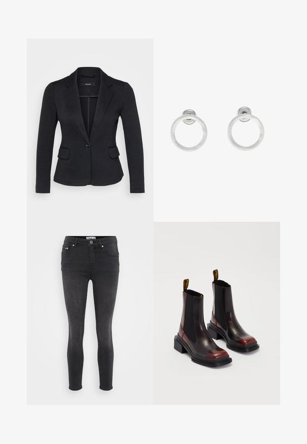 Czarna marynarka o dopasowanym kroju, z dwoma przednimi kieszeniami, zapięciem na jeden guzik i klapami, wykonana z teksturowanej tkaniny.; Even&Odd Petite - Top; Czarne slim fit dżinsy wykonane z denimu. Posiadają zapięcie na guzik z przodu oraz zapinaną na zamek kieszeń w pasie. Gładka tekstura z minimalnym blaknięciem.; Dr. Martens MAYBOLE CHELSEA ciemnoczerwony; Srebrne metalowe kolczyki w kształcie obręczy z matową teksturą, z okrągłym wzorem i przezroczystym zapięciem typu post, zapewniającym bezpieczne noszenie.