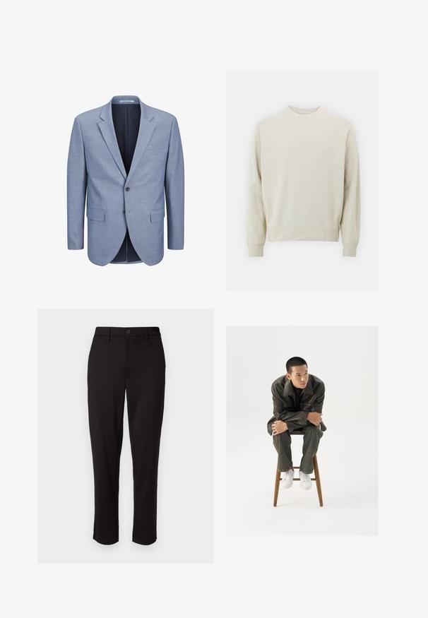 Light blue blazer made of textured fabric, single-breasted design, with a notch lapel, two front pockets, and a navy interior lining.; Light beige sweatshirt made of soft fabric with a crew neck, long sleeves, and ribbed cuffs and hem. Minimalist design, no visible patterns.; Black trousers made of lightweight fabric, featuring a straight leg, front button closure, belt loops, and side pockets.; Brown leather jacket with a wide collar, paired with dark green jeans and white sneakers. The model sits on a wooden stool.