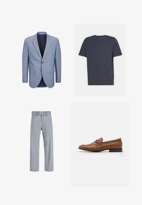 Lys blå blazer laget av teksturert stoff, enkleknappet design, med utskjært krage, to frontlommer og marineblå interiørfôr.; Marineblå T-skjorte med rund hals laget av myk bomullsblanding, med korte ermer og vanlig passform. Ingen synlige mønstre eller accenter.; Lyseblå denimbukser med avslappet passform, rett ben-design, synlige sømmer, to frontlommer og knappelukking.; Brune skinn loafers med flat hel, med en dekorativ metallaccent på forsiden, slankt design og glatt tekstur.