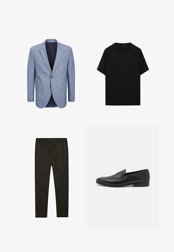 Light blue blazer made of textured fabric, single-breasted design, with a notch lapel, two front pockets, and a navy interior lining.; Black short-sleeve t-shirt made of cotton with a round neckline, featuring a smooth texture and a simple design. No visible branding.; Men's black casual pants with elastic waistband, drawstring, and straight legs, shown flat against a white background.; Black leather men's loafer with a low heel and a classic penny strap design, shown in side profile on a white background.