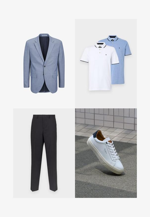 Gaiši zils žakets, izgatavots no struktūrētas auduma, ar vienu pogu, ar iegriezumu, divām priekšējām kabatām un tumši zilu iekšējo oderi.; Divi polo krekli: viens balts ar melniem akcentiem, otrs gaiši zils melnā toņkārtā. Katram ir apkakle un divu pogu aizdare ar logo.; Tumši pelēki bikses, izgatavotas no gludās auduma, ar taisnu kāju dizainu, priekšējām kabatām un vienu pogu aizdari.; Baltas ādas čības ar tumši zilu papēdi, apaļu purngalu un kontrastējošām brūnām detaļām. Aprīkotas ar plakanu auklu un struktūrētu gumijas zoli.