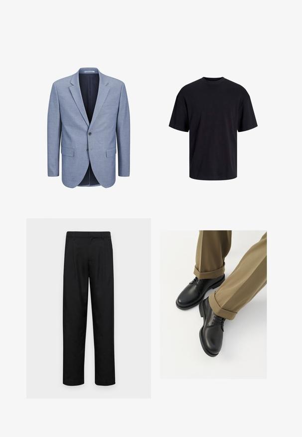 Svijetloplavi blejzer od teksturirane tkanine, s jednim kopčanjem, reverom s izrezom, dva prednja džepa i tamnoplavim unutarnjim oblogom.; Crna pamučna majica s okruglim izrezom, kratkim rukavima i opuštenim krojem. Glatka tekstura bez vidljivih uzoraka ili dekoracija.; Crne hlače od glatkog materijala, s dizajnom ravnih nogavica, dva prednja nabora i standardnim pojasom s petljama za remen.; Crne kožne cipele s glatkom površinom, s vezicama i zaobljenim vrhom, uparene s podignutim kaki hlačama.