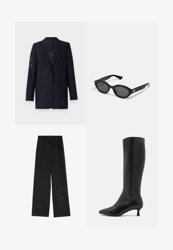 Marineblå blazer med et struktureret design, to forlommer, to knapper og udsmykkede detaljer på venstre ærme. Glat stofstruktur.; Hvid bomuld t-shirt med korte ærmer og rund halsudskæring. Har en afslappet pasform og et minimalistisk design uden mønstre eller accenter.; Sorte brede bukser med høj talje, der har to frontfald, bæltestropper og en glat tekstur. Ingen lommer eller synligt metal.; Zign Høje støvler/ Støvler - black; Sorte ovale solbriller med mørke linser og blank plastramme. Har et guldlogo på stykket, hvilket giver et slankt og moderne design.
