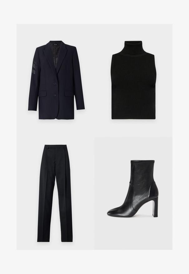 Blazer bleu marine avec un design structuré, deux poches avant, deux boutons et des détails embellis sur la manche gauche. Texture de tissu lisse.; Haut sans manches noir avec col roulé, texture côtelée et coupe ajustée. Tissu lisse avec un col haut et sans embellissements supplémentaires.; Pantalon noir en tissu lisse avec taille haute, jambes larges, plis à l'avant et passants de ceinture classiques. Pas de poches latérales visibles.; Bottine en cuir noir avec un design épuré, bout pointu et un haut talon carré. Présente une texture lisse et des détails de couture minimalistes.