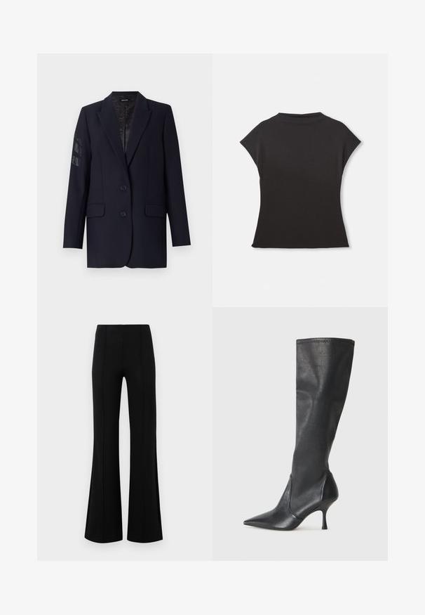 Námořnická modrá blazerka se strukturovaným designem, dvěma předními kapsami, dvěma knoflíky a zdobením na levém rukávu. Hladký textilní povrch.; Černý krátký rukáv top s vysokým výstřihem a volným střihem. Vyrobeno z měkké látky s hladkým povrchem. Bez viditelných vzorů nebo grafik.; Černé kalhoty s volným zakončením a vysokým pasem, vyrobené z elastického materiálu. Mají vertikální švy na přední straně a hladký povrch.; Černé kožené vysoké boty do kolen s špičatou špičkou a štíhlým jehlovým podpatkem. Hladká textura s přiléhavým střihem a přešitím na horním okraji.