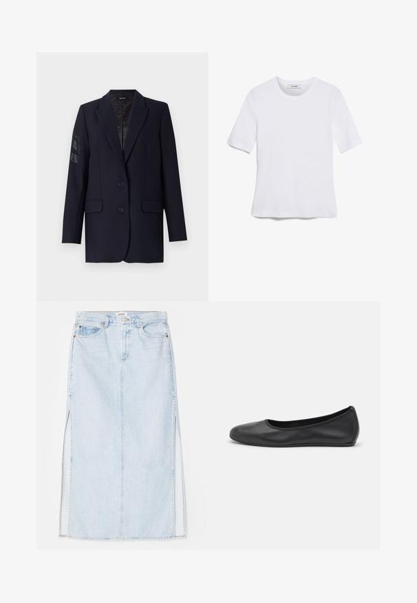 Blazer blu navy con un design strutturato, due tasche frontali, due bottoni e dettagli decorativi sulla manica sinistra. Tessuto dalla consistenza liscia.; T-shirt bianca a maniche corte realizzata in tessuto a costine. Collo rotondo, vestibilità regolare e dettagli di cucitura sottili. Senza motivi o grafiche.; Gonna maxi in denim azzurro chiaro con taglio dritto, dotata di spacchi laterali e design a cinque tasche. Cuciture in evidenza e chiusura con bottone in metallo.; Pantofole da balletto nere in pelle con punta arrotondata, texture liscia, dettagli di cucitura minimi e design con suola flessibile.
