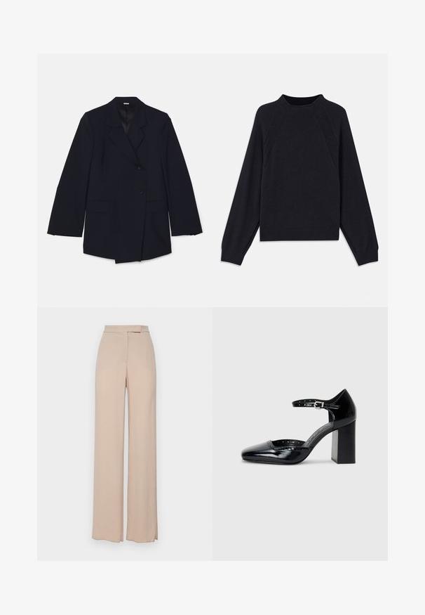 Navy blue blazer featuring a notched lapel, two front pockets, and double-breasted design with a single button closure. Smooth texture.; Dark navy sweater with a round neckline, long raglan sleeves, ribbed cuffs, and a straight hem. Made from a soft, textured knit material.; Beige wide-leg trousers made from a lightweight fabric. Features a smooth texture, front pockets, and a subtle waistband design.; Black patent leather high-heeled shoes with a square toe, ankle strap, and a chunky heel. Includes perforated detailing along the rim.