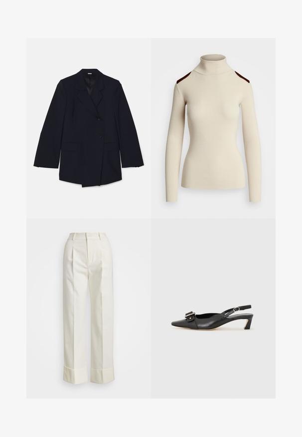 Sötétkék blézer, amely elfordított hajtókával, két elülső zsebbel és dupla gombolású kialakítással rendelkezik, egy gombos záródással. Simább textúra.; Barázdált krém színű garbó pulóver hosszú ujjakkal és sötétbarna vállpántokkal. A testhez simuló fazon kiemeli a testformát és a textúrát.; Fehér, szabott nadrág magas derékkal, dupla elülső redőkkel és széles lábakkal, hajtogatott szegésekkel. Simító, textúrált anyagból készült.; Fekete bőr szandál kis sarkú, hegyes orral, díszes csattal a felsőrészen. Simább textúra, minimalista design.